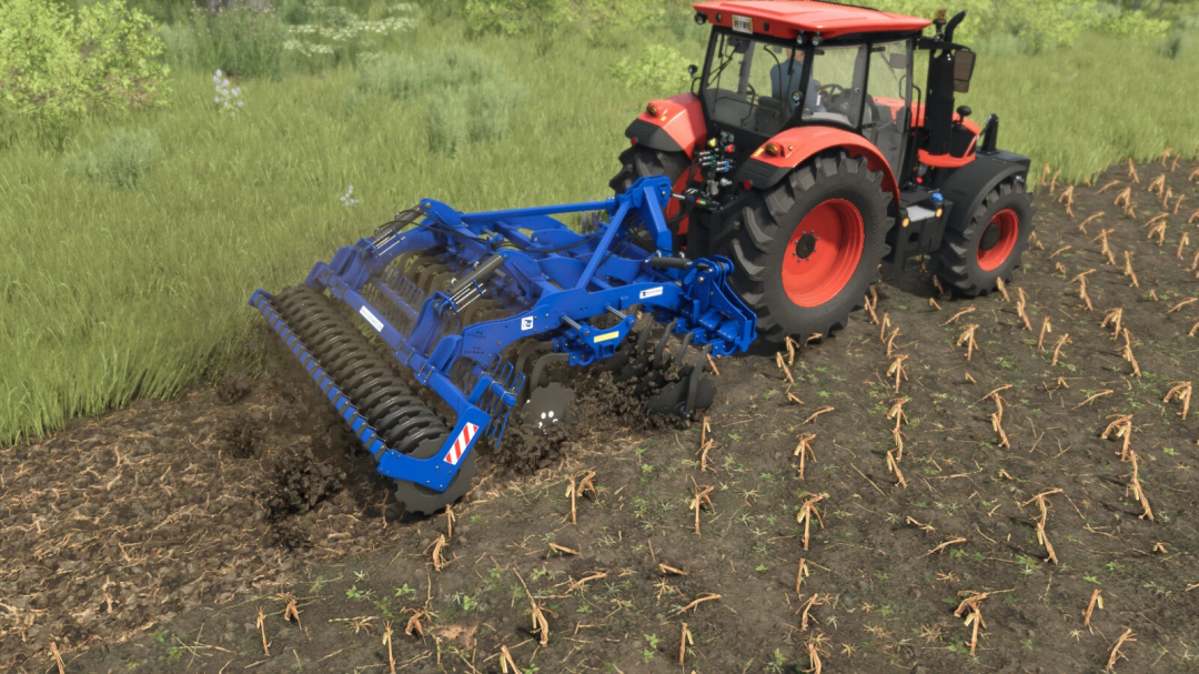 FS25 mod Rolmako U671 v1.0.0.0 cultivates a field with a red tractor in Farming Simulator 25.