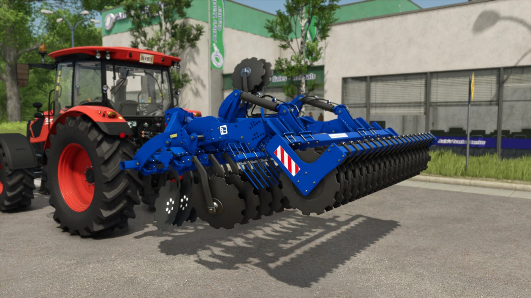 Rolmako U671 mod in FS25 showing a blue plow attached to a red tractor outside a sales center.