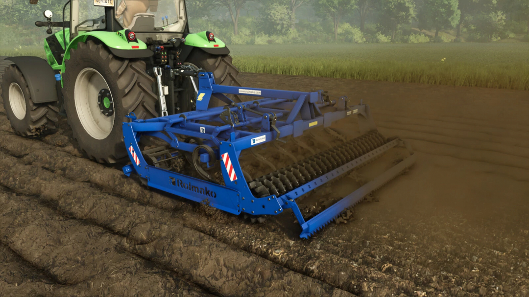 FS25 mod featuring Rolmako U684 plow in action, attached to a tractor in a field.