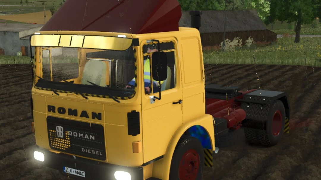 Yellow Roman Cap truck mod in a field in FS25, showcasing realism in Farming Simulator 25 mods.