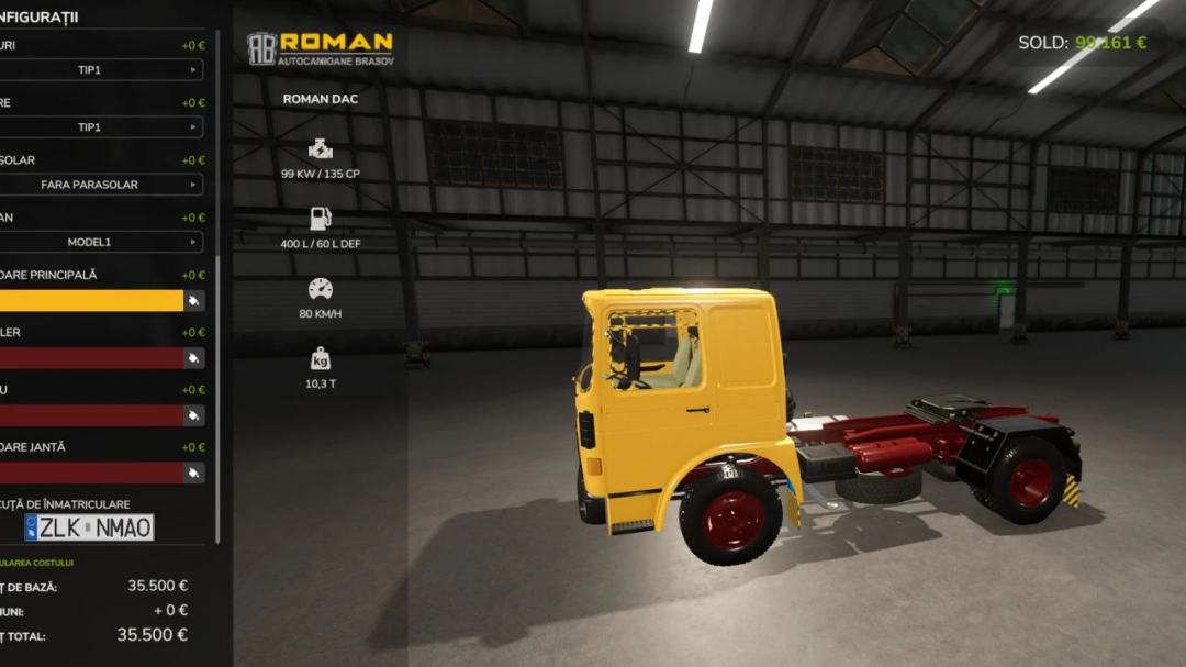 FS25 mod Roman Cap v1.0.0.0 displaying a yellow truck in a garage with configuration options visible.