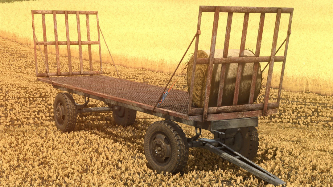 Romanian bale trailer mod in FS25 on a field. Farming Simulator 25 mod.