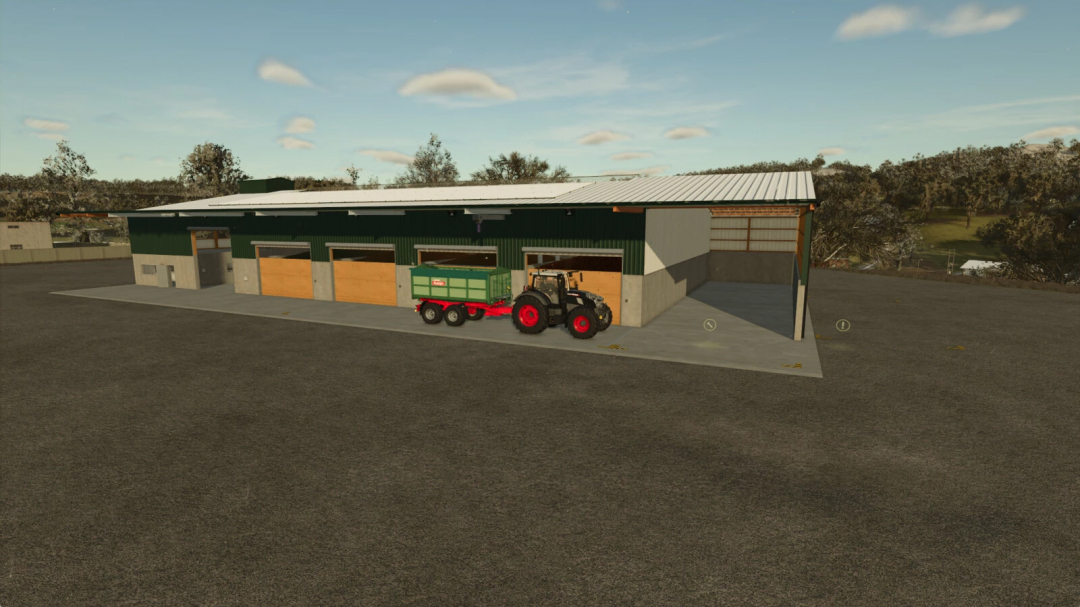 FS25 mod Rudolf Hoermann Silo v1.0.0.0 showing a tractor with a trailer next to a large green storage building.