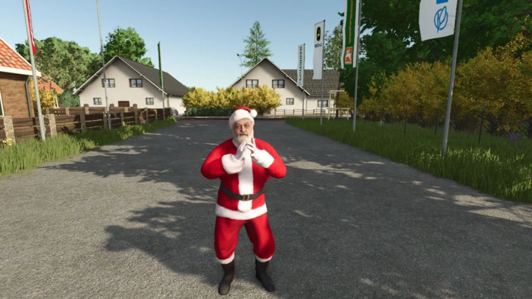 Santa Claus Animated Decoration mod in FS25, depicting Santa standing in a village setting.