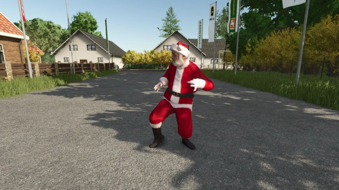 Santa Claus Animated Decoration in FS25 mod, standing on a village road with houses and trees in the background.