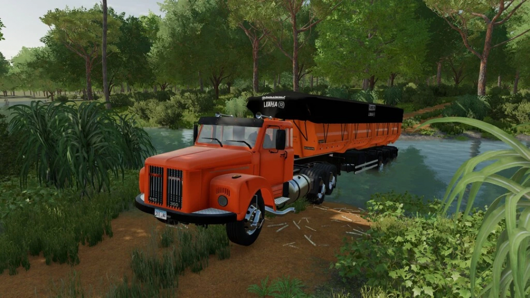 Scania L111 truck navigating through a river in FS22 mod, showcasing detailed rural environment.