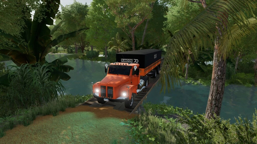 FS22 mod showing Scania L111 truck crossing a bridge in a lush, tropical setting. Farming Simulator 22 mods landscape.