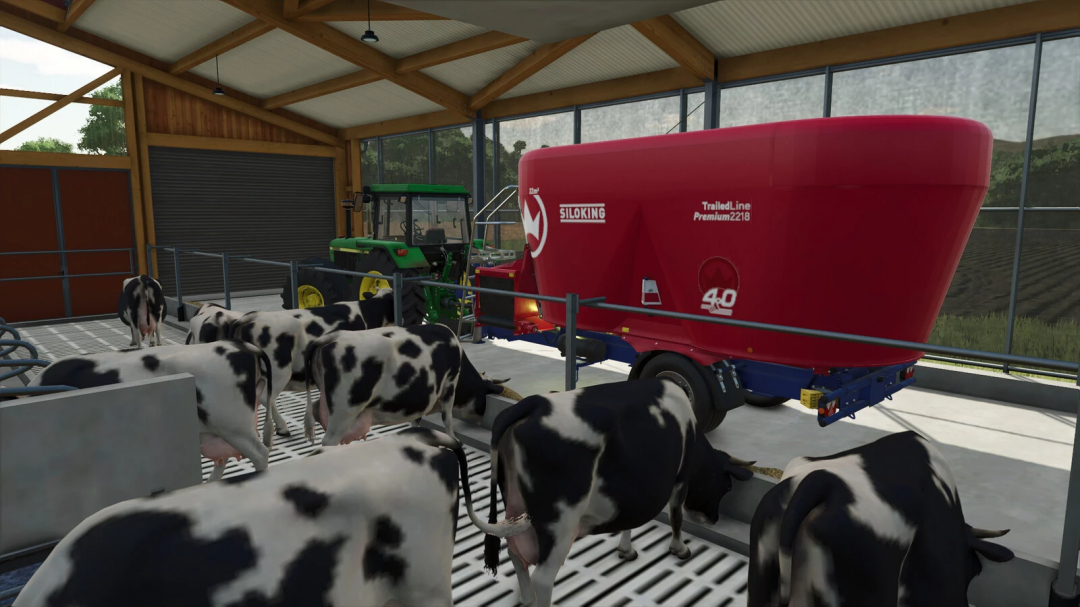 FS25 mod Siloking TrailedLine 4.0 Premium 2218-22 in barn with cows, Farming Simulator 25.