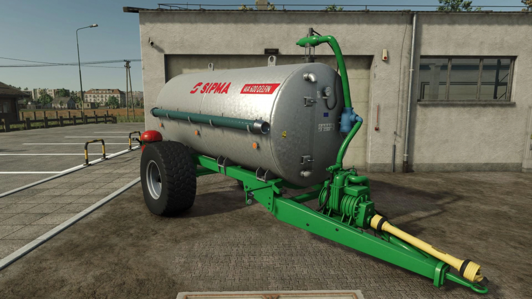 FS25 mod: Sipma WA 600 Delfin slurry tanker displayed in front of a building. Farming Simulator 25 mods.