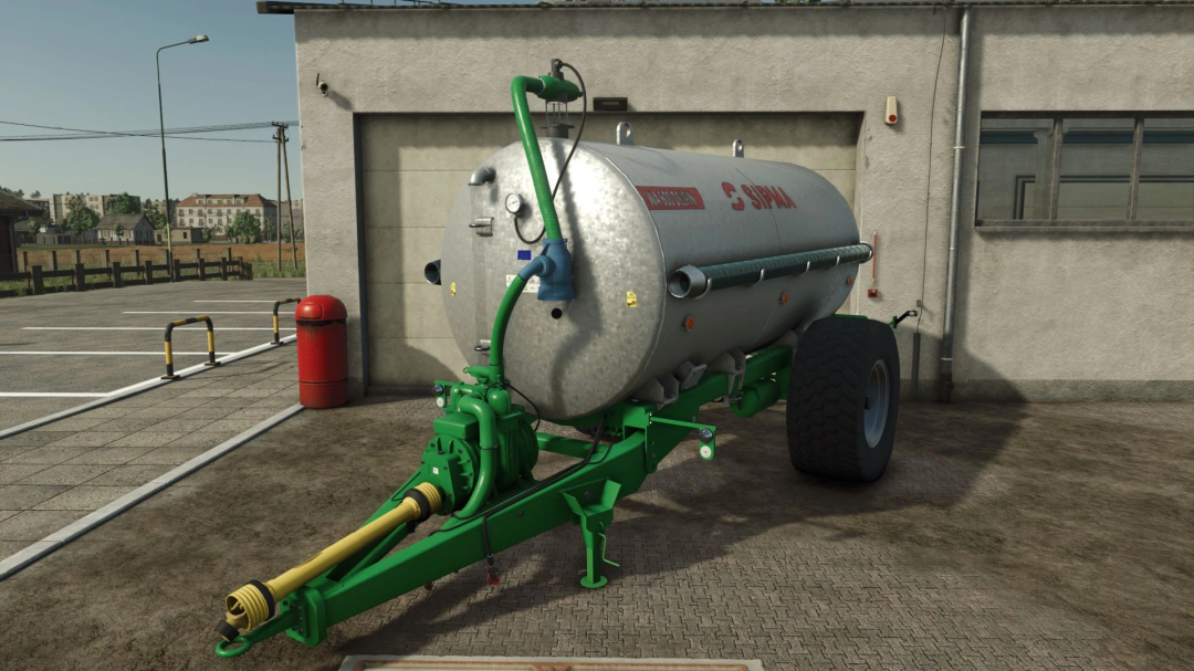 Sipma WA 600 Delfin v1.0.0.0 mod for Farming Simulator 25, showcasing a detailed liquid trailer in a parking lot.