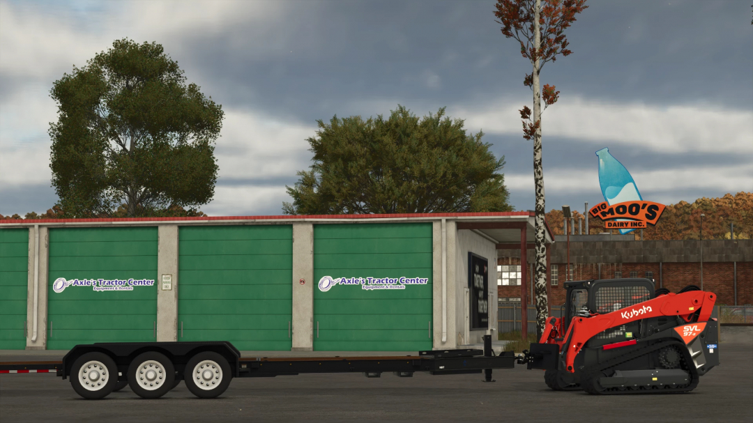 Skid Steer Hitch Adapter mod in FS25 with skid steer and trailer attached in front of Axle's Tractor Center building.