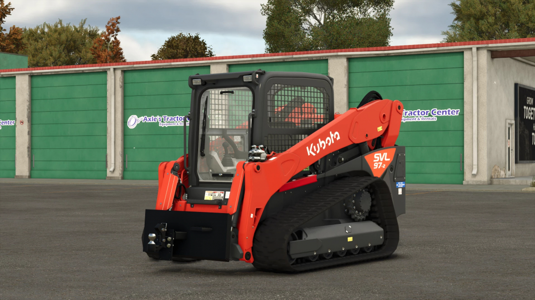 Kubota skid steer with hitch adapter in FS25 mod, parked near Axle's Tractor Center.