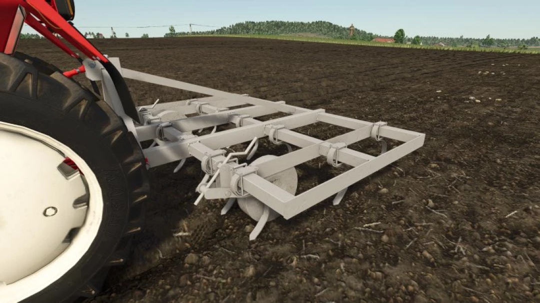 FS25 mod Small Cultivator 2.7m v1.0.0.0 in use on farmland, showcasing farming equipment detail.