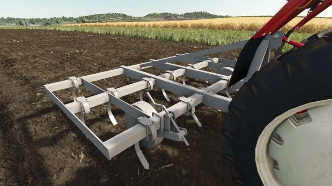 FS25 Small Cultivator 2.7m v1.0.0.0 mod in action on a field, showing close-up details.