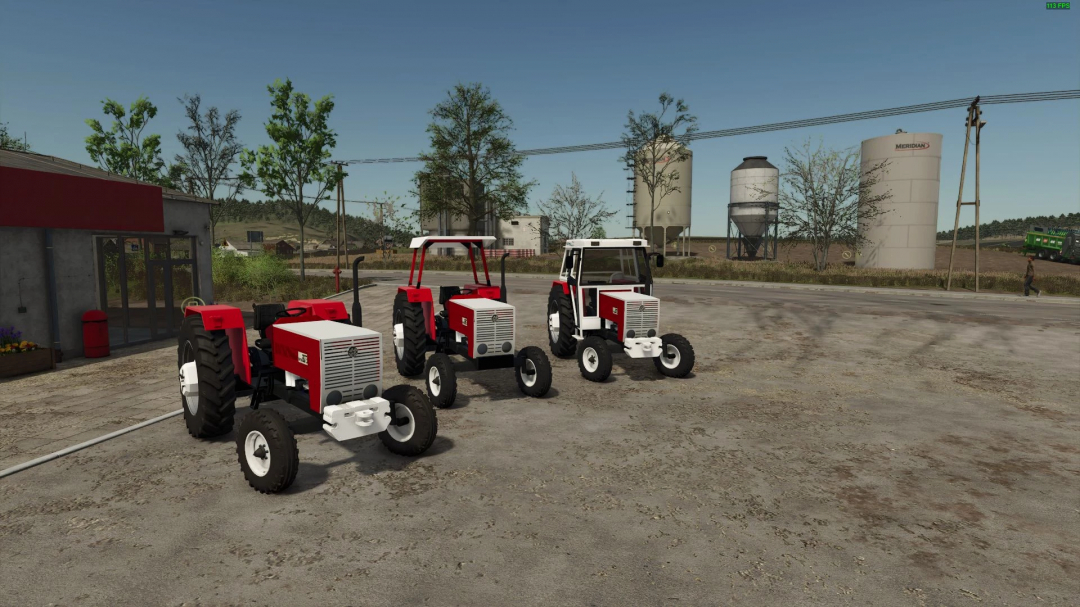 Three Steyr 8073 tractors parked in Farming Simulator 25, showcasing the FS25 mod details with silos in the background.