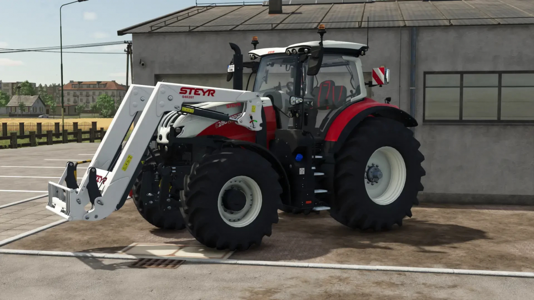 Steyr S4020T Front Loader v1.0.3.0 mod in FS25 showcased with red and white design outside a building.