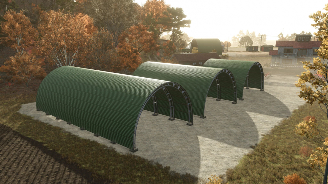 FS25 Storage Tunnel Pack v1.0.0.0 featuring three green arched storage tunnels in autumn farm setting.