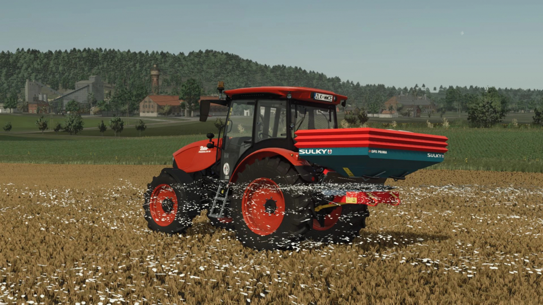 FS25 mod Sulky DPX Prima fertilizing a field with a red tractor in Farming Simulator 25.