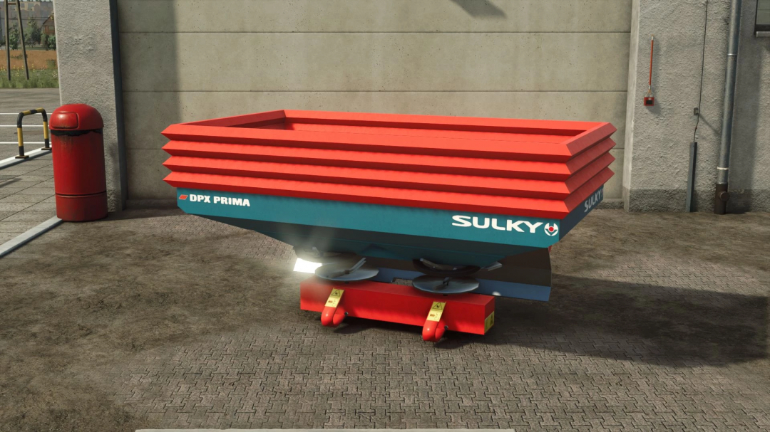 Sulky DPX Prima v1.0.0.0 mod in FS25, showcasing a red and blue spreader. Ideal for farming activities.