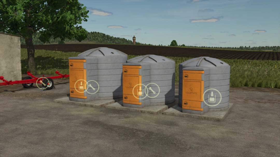 Swimer Tank Pack v1.0.0.0 in FS25 features three storage tanks for efficient farm management.