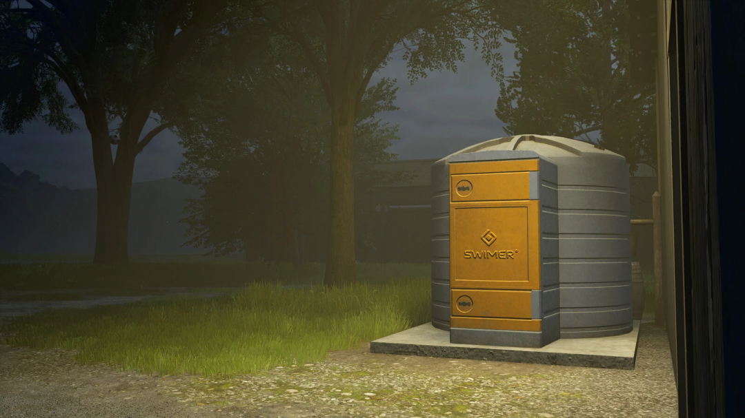 FS25 mod Swimer Tank Pack v1.0.0.0 at night, showcasing a storage tank in a farm setting.