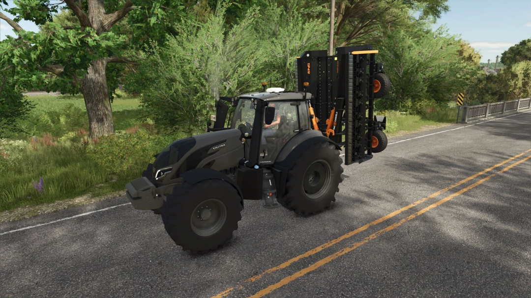 FS25 mod TMC Cancela TJP610 tractor on a scenic road. Farming Simulator 25 mod.