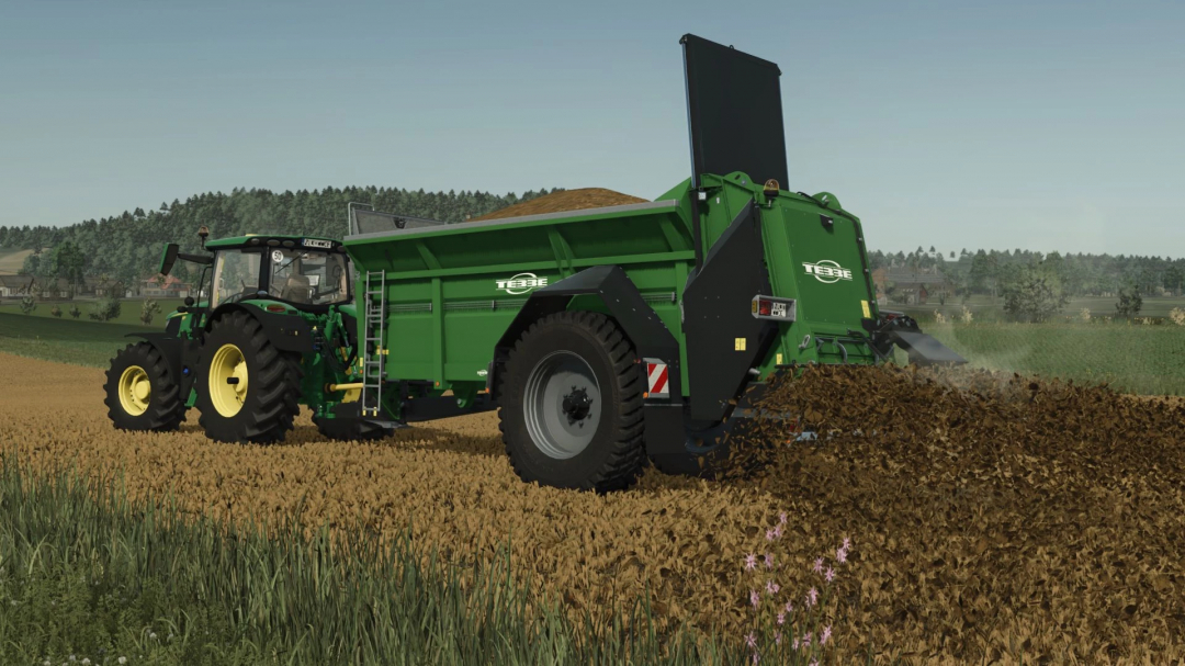 FS25 Tebbe MS140 v1.0.0.0 mod with tractor spreading soil in a field.