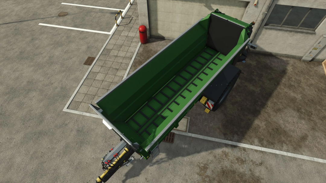 Top view of Tebbe MS140 mod for FS25 showing a green agricultural trailer parked on concrete.