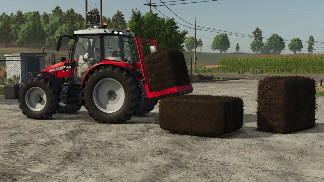 FS25 mod Trioliet U165 v1.0.0.0 with a red tractor loading hay bales on a farm.