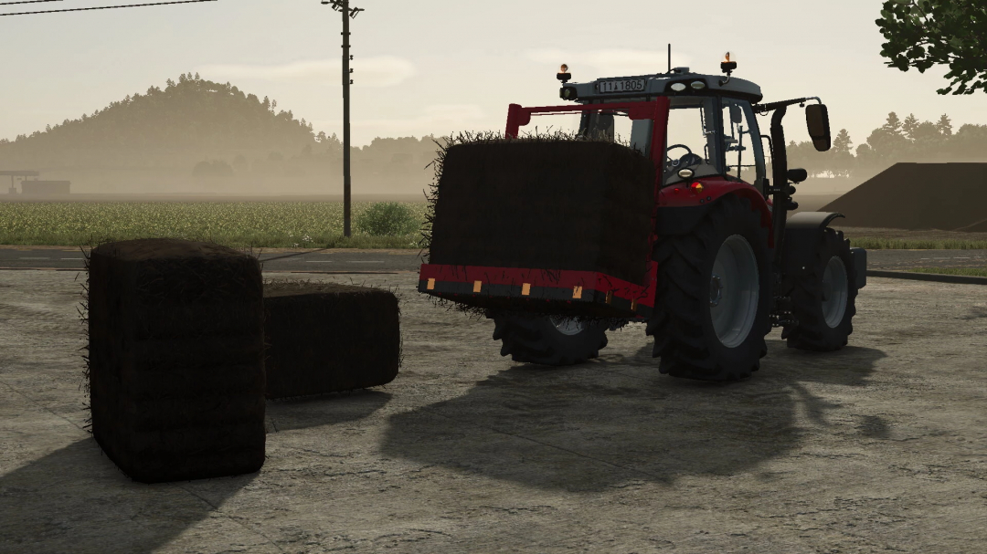 FS25 mod Trioliet U165 v1.0.0.0 with tractor lifting hay bales, set in a scenic farm landscape.