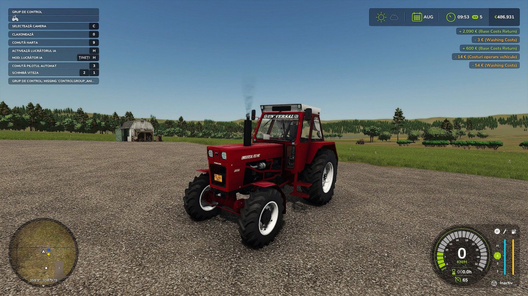 FS25 mod Universal 650M tractor on gravel with farm in background.