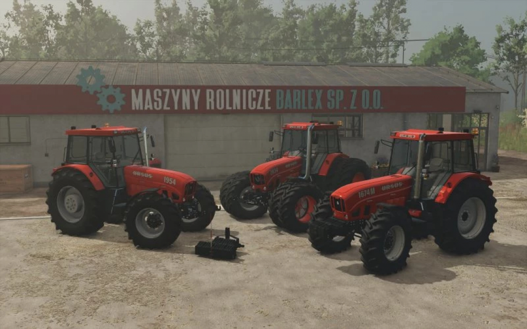 FS25 mods: Ursus 1654 - 1954 Pack V1.0.0.0 features three red tractors outside a farm building.