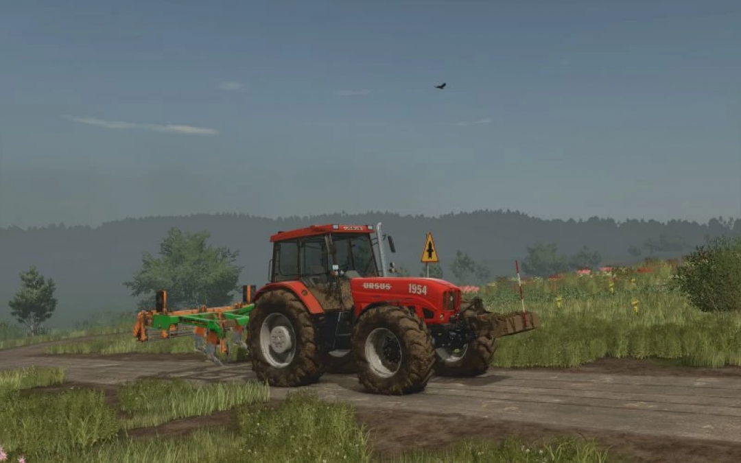 FS25 mod Ursus 1954 tractor on a rural road in Farming Simulator 25 landscape.