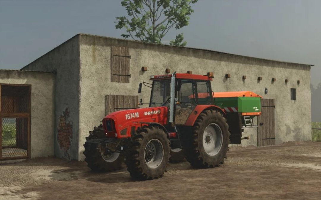 Ursus tractor mod from FS25 in front of a barn, feature of Farming Simulator 25 mods.