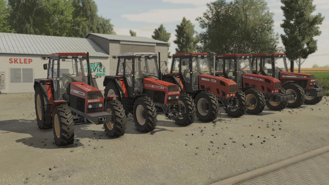 Five Ursus tractors from FS25 mods lined up in front of a shop building.