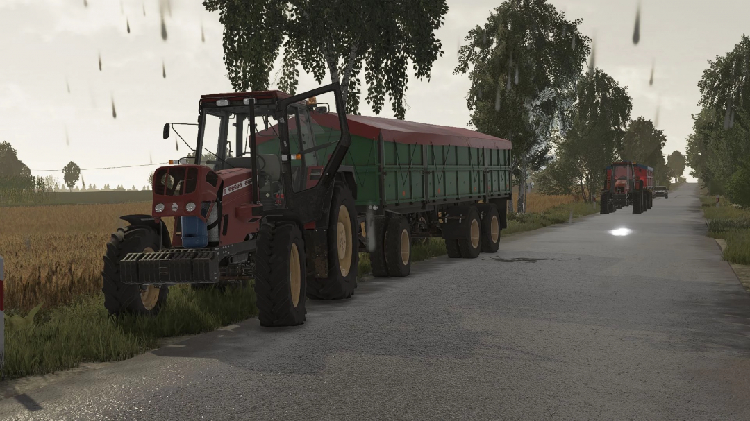 Ursus tractors with trailers on a country road in FS25 mods, showcasing Farming Simulator 25 gameplay.