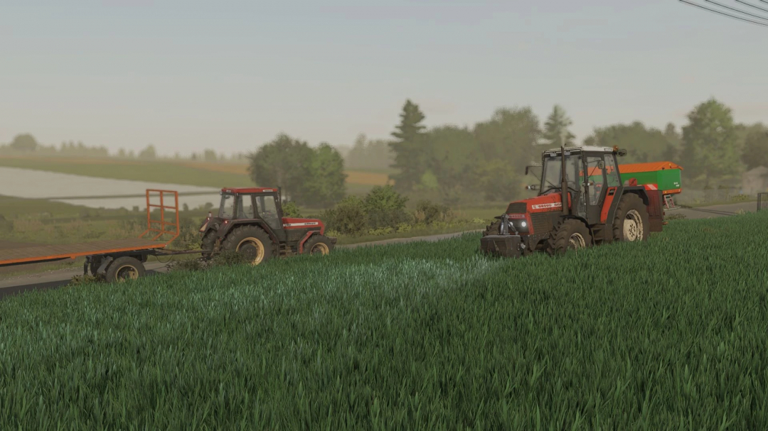 FS25 Ursus Pack 1234-1734 mod featuring two tractors in a green field with a trailer, showcasing Farming Simulator 25 mods.