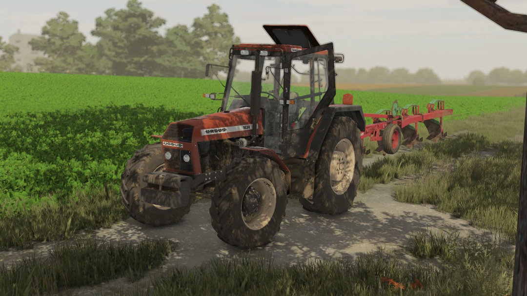 Ursus tractor with plow in FS25 mod, Ursus Pack 1234-1734 v1.0.0.0, on farm field