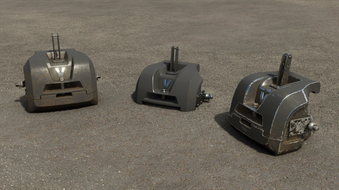 Three Valtra AGCO 1200KG weights for FS25 mods on a paved surface, showcasing their metallic design.