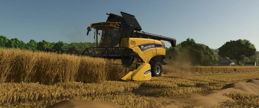 New Holland harvester in wheat field, Varifeed 28ft mod for FS25.