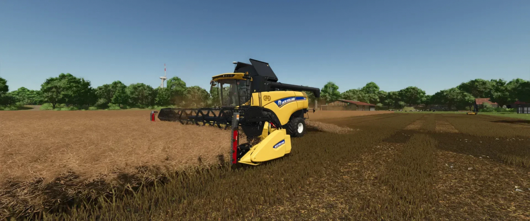 New Holland harvester with Varifeed 28ft header harvesting field in FS25 mod