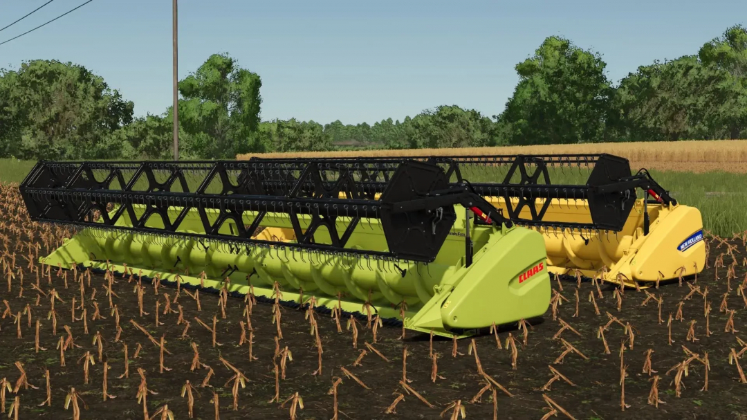 FS25 mods, Claas and New Holland Varifeed 28ft headers in a field, Farming Simulator 25.