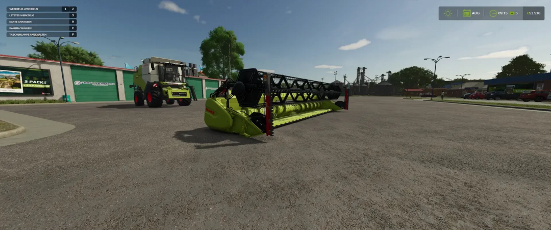 Image of a Varifeed 28ft header mod for FS25, featuring Claas design, in a farming lot scene.