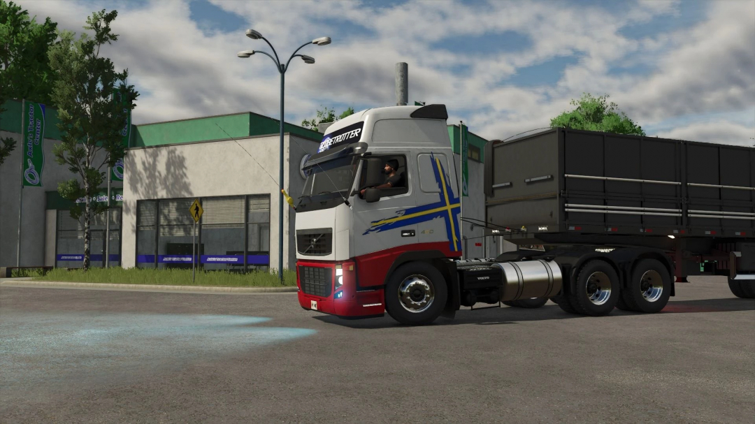 Volvo FH 2010 truck mod in FS25 near a tractor center, showcasing Farming Simulator 25 mods.