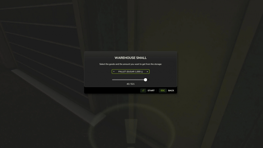 FS25 Warehouse Small mod interface showing pallet selection for sugar.