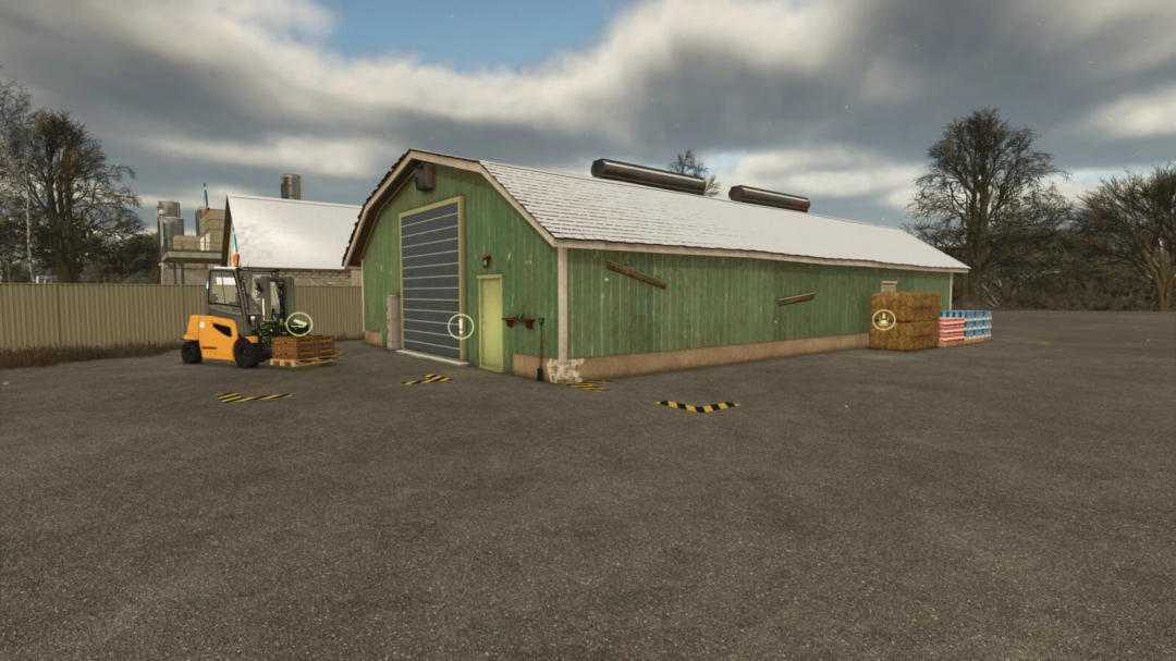 Warehouse Small v1.0.0.0 mod in FS25 featuring a green warehouse, forklift, and stacked pallets on a cloudy day.