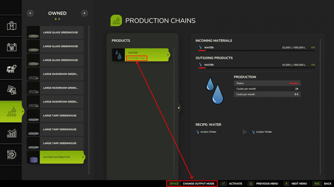 FS25 Water Distributor mod interface showing production chains and water status.