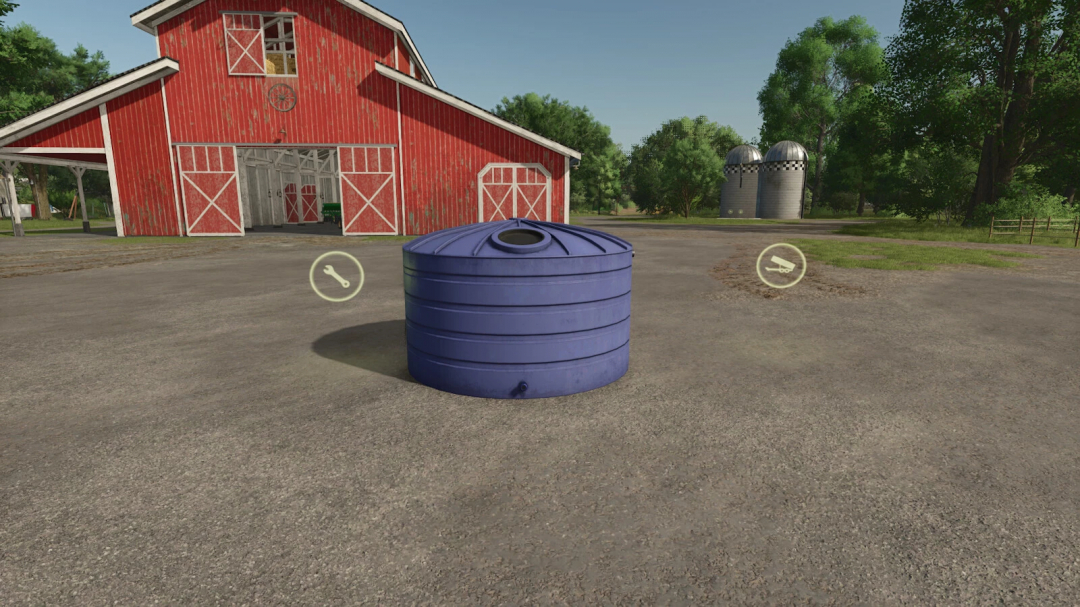 Water Distributor mod v1.0.0.0 for FS25 showing a blue tank in front of a red barn.