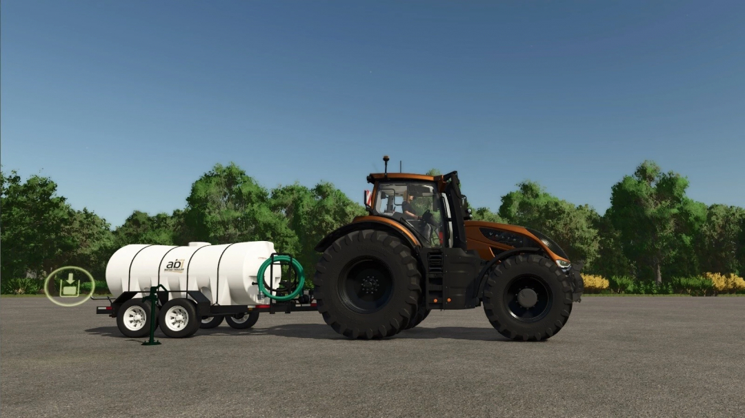 FS25 mod Water Pack v1.0.0.0 with tractor and water tank trailer on paved road.