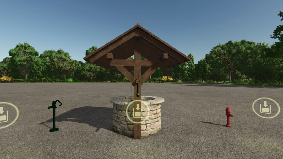 FS25 Water Pack mod v1.0.0.0 showing a stone well, pump, and hydrant in a paved area surrounded by trees.